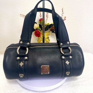 Authentic MCM Black Calfskin Leather Studded Barrel Boston Bag WITH COA